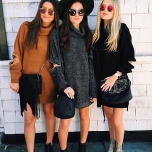 LF Stores Hello Molly Cowl Neck Zipper Sleeve Cut Out Knit Camel Sweater Dress